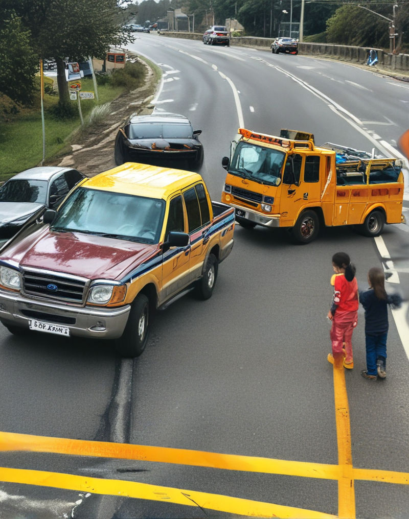 A tow truck assists a stranded car on a busy road, while nearby, students learn about road safety measures through an interactive school workshop.