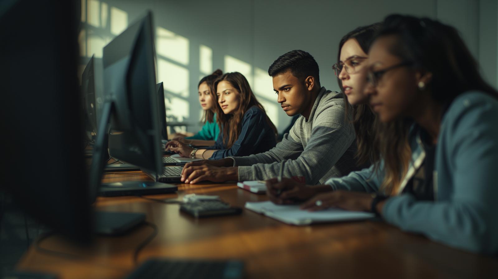 Students collaborate with laptops and notebooks in bright coworking space, screens blurred.