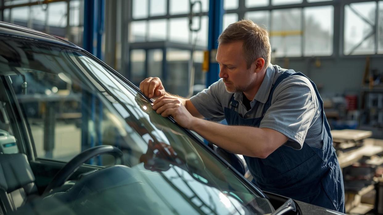 Man repairing windshield at school workshop under bright morning light with care.