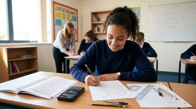 A UK secondary school student confidently preparing for a GCSE foundation mathematics examination at a tidy study desk, calculator, ruler, geometry diagrams, percentages and simple algebra exercises on paper, 